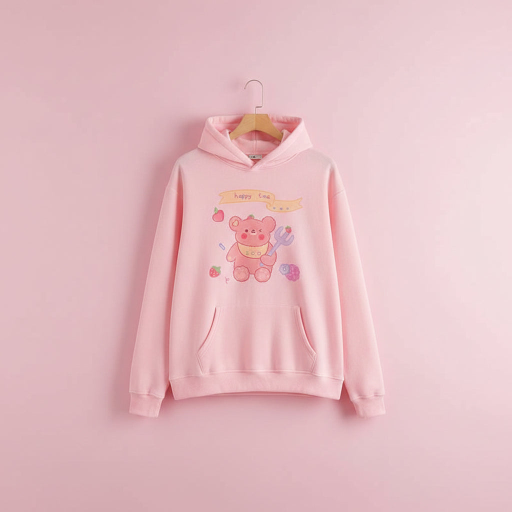 Pink kawaii bear print sweatshirt harajuku style with happy time banner and cute fruit designs