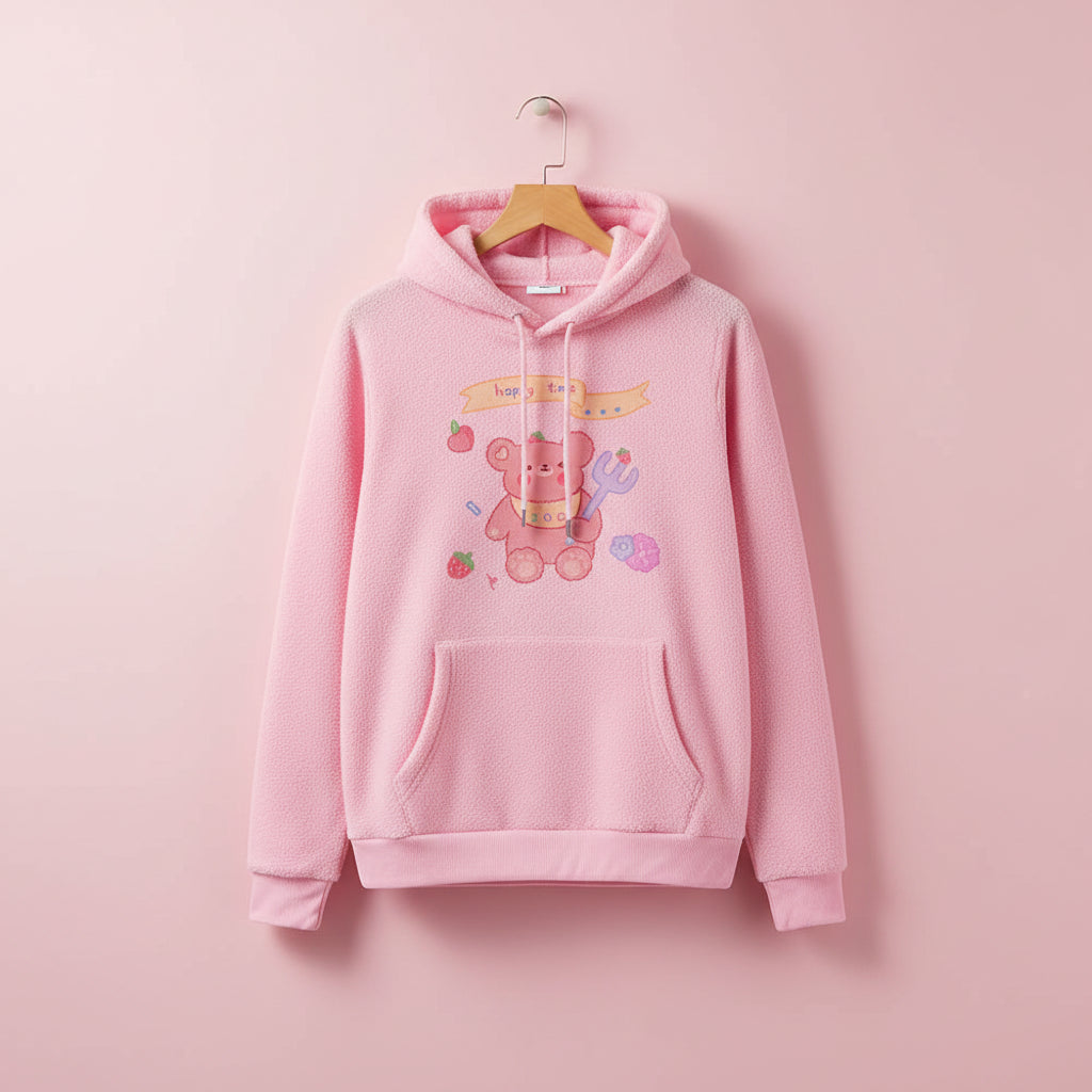 Pink kawaii bear print sweatshirt harajuku style with hood and front pocket for casual wear