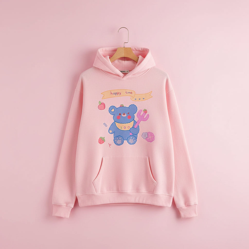 Pink kawaii bear print sweatshirt harajuku style with happy time banner and cute colorful design