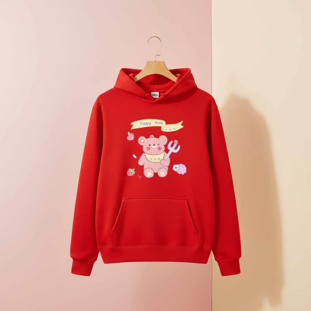 Red hoodie featuring kawaii bear print sweatshirt harajuku style with happy time design