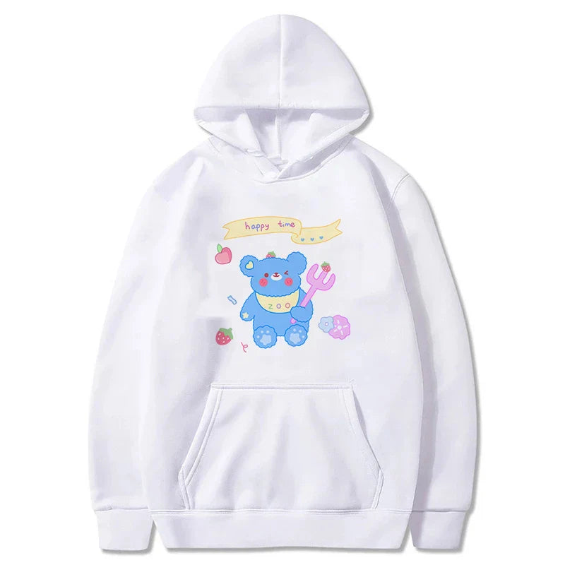 White hoodie with kawaii bear print sweatshirt harajuku design featuring a blue bear and colorful fruits