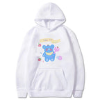 White hoodie with kawaii bear print sweatshirt harajuku design featuring a blue bear and colorful fruits