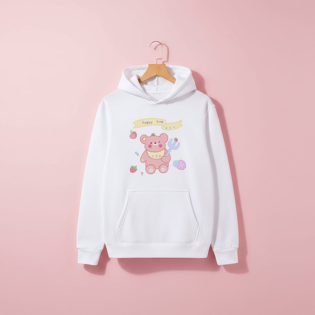 White hoodie with kawaii bear print sweatshirt harajuku design featuring a pink bear and colorful accents