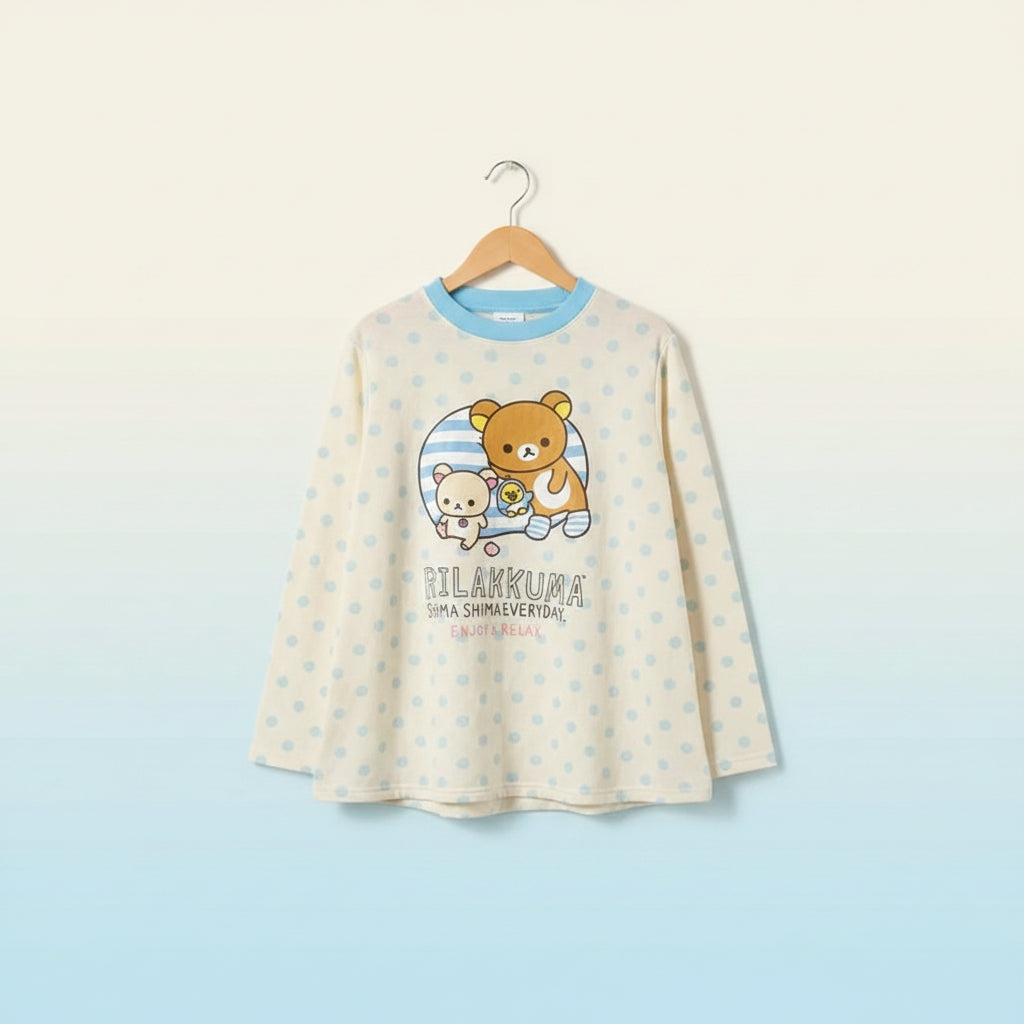 Kawaii cartoon long sleeve t shirt featuring Rilakkuma bear design with blue polka dots from Vusy Kawai Shop