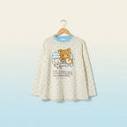 Kawaii cartoon long sleeve t shirt featuring Rilakkuma bear design with blue polka dots from Vusy Kawai Shop