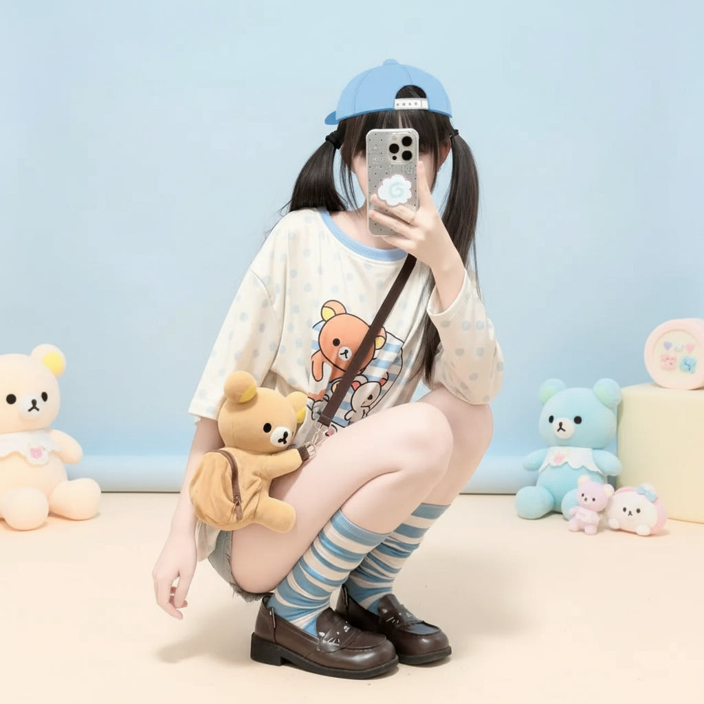 Kawaii cartoon long sleeve t shirt with bear and polka dot design worn by person with blue cap and striped socks