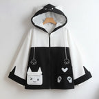 Black and white kawaii cat ear hooded jacket for women with cute paw and heart pocket designs