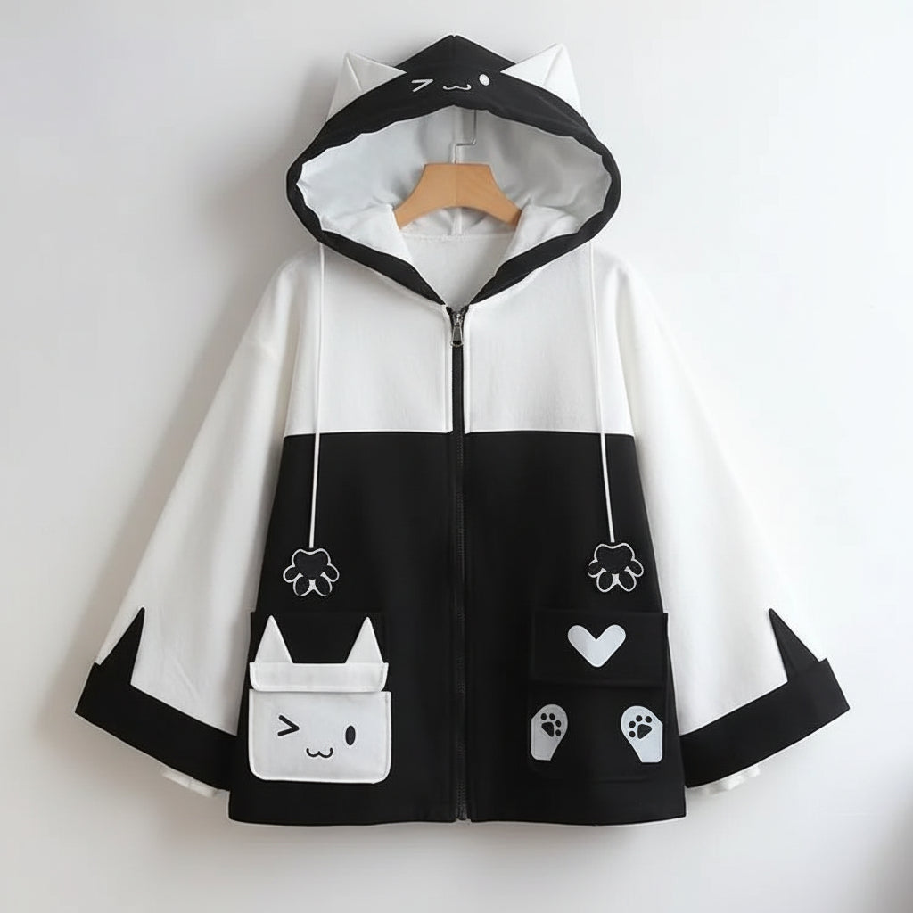 Black and white kawaii cat ear hooded jacket for women with cute paw and heart pocket designs