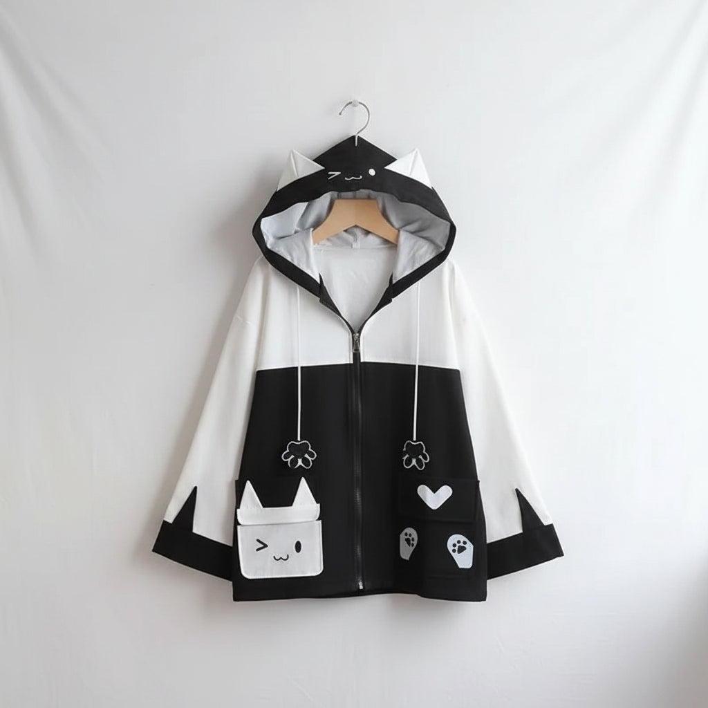 Black and white kawaii cat ear hooded jacket for women with cute face and paw prints on pockets