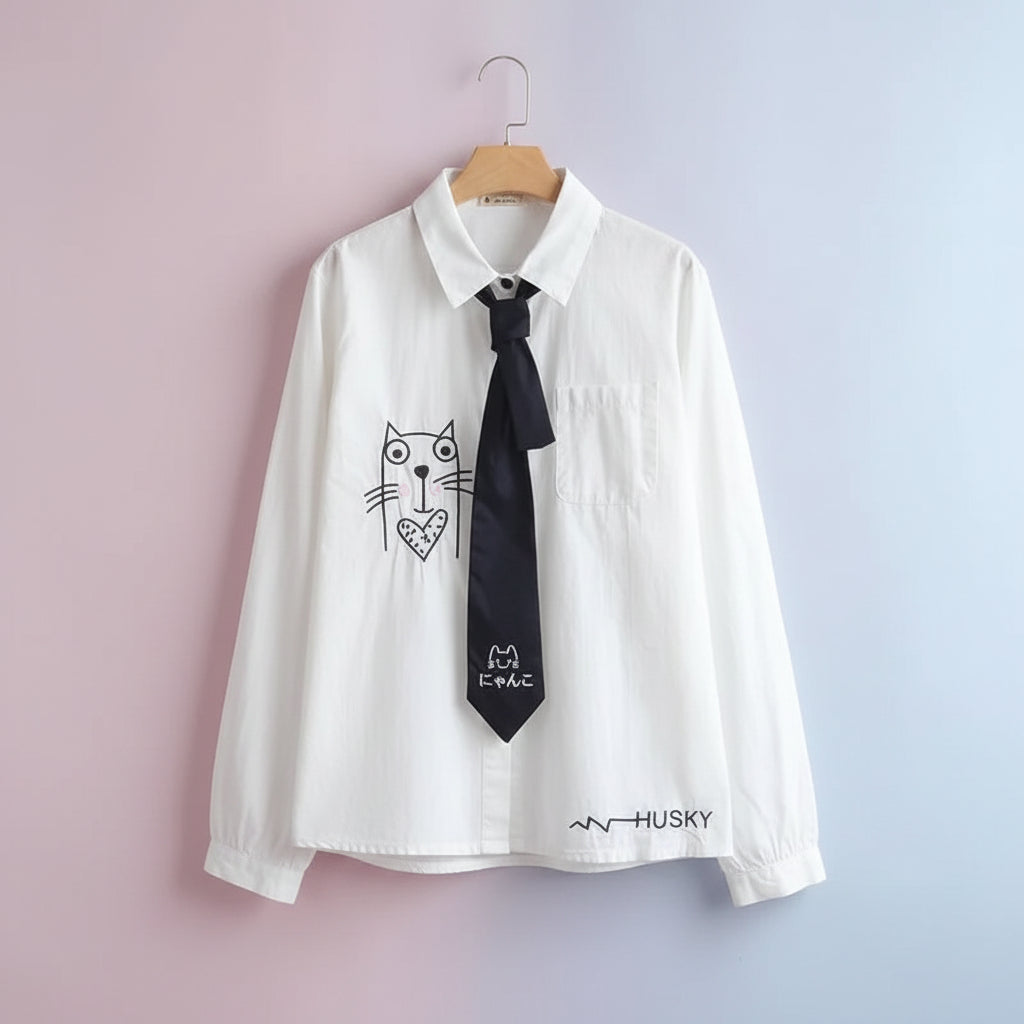 White kawaii cat ear hooded jacket for women with black cat and heart design and black tie