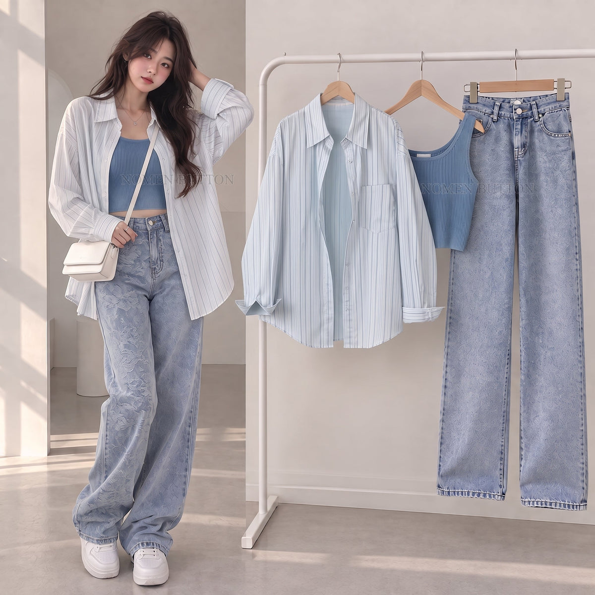 Pinstripe Shirt Knit Crop Top and Wide Leg Jeans 3-Piece Set crop top