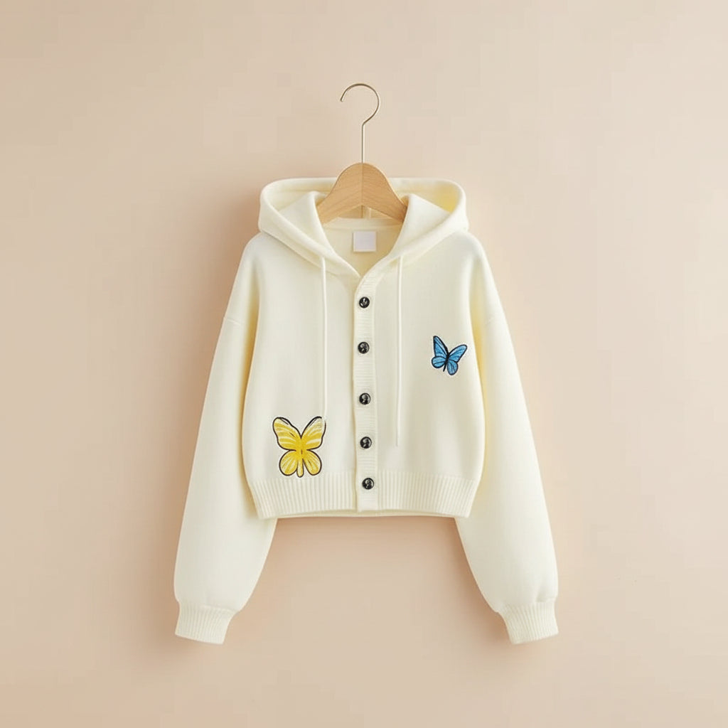 Cream kawaii fashion butterfly embroidered hoodie with front buttons and hood from Vusy Kawai Shop
