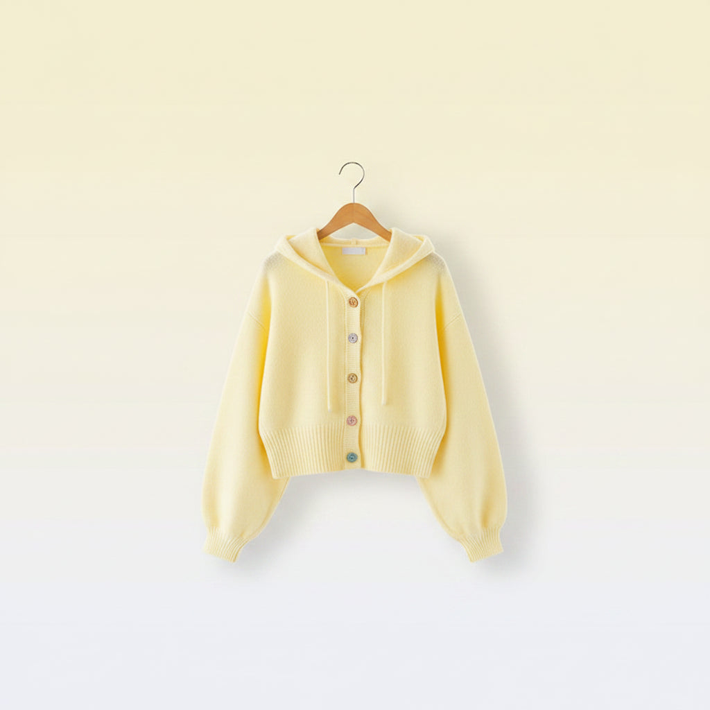 Soft yellow kawaii fashion butterfly embroidered hoodie with multicolor buttons and cozy design