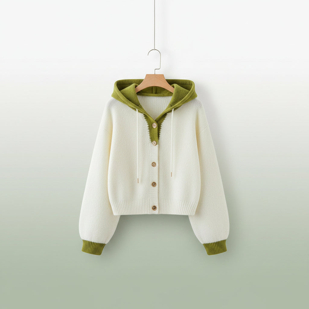 Kawaii fashion butterfly embroidered hoodie in white with green hood and cuffs, cozy and stylish