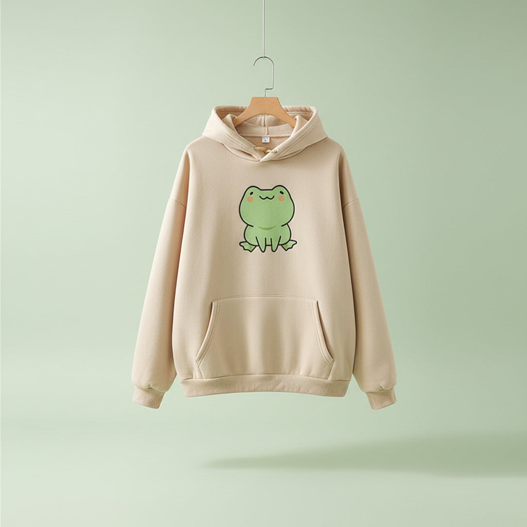Beige kawaii Japanese frog hoodie with Pockets featuring a cute green frog graphic on front