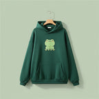Dark green kawaii Japanese frog hoodie with Pockets featuring a cute frog graphic on the front