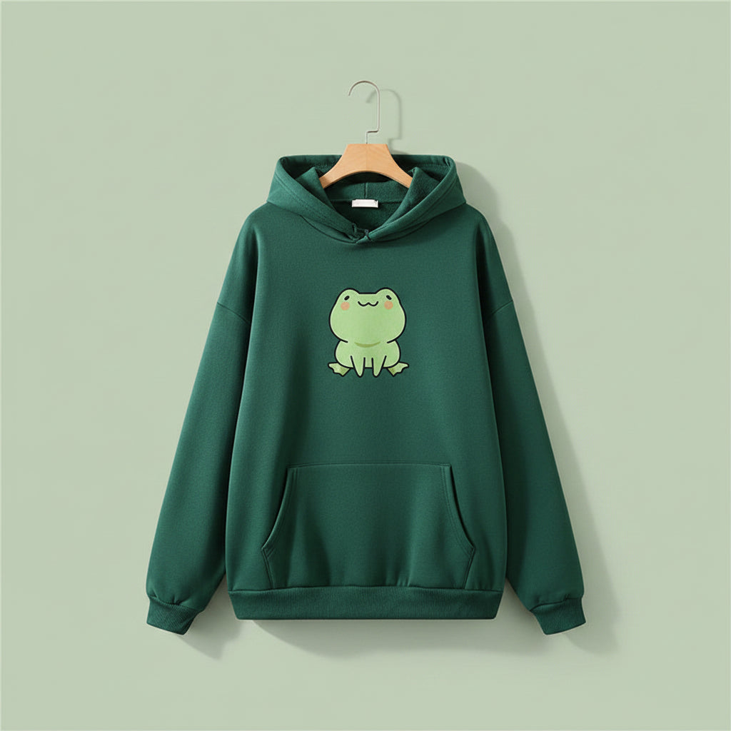 Dark green kawaii Japanese frog hoodie with Pockets featuring a cute frog graphic on the front