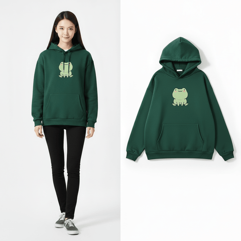 Hoodie with kawaii frog graphic print, full outfit front view