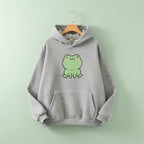 Gray kawaii Japanese frog hoodie with pockets featuring a cute green frog graphic on the front