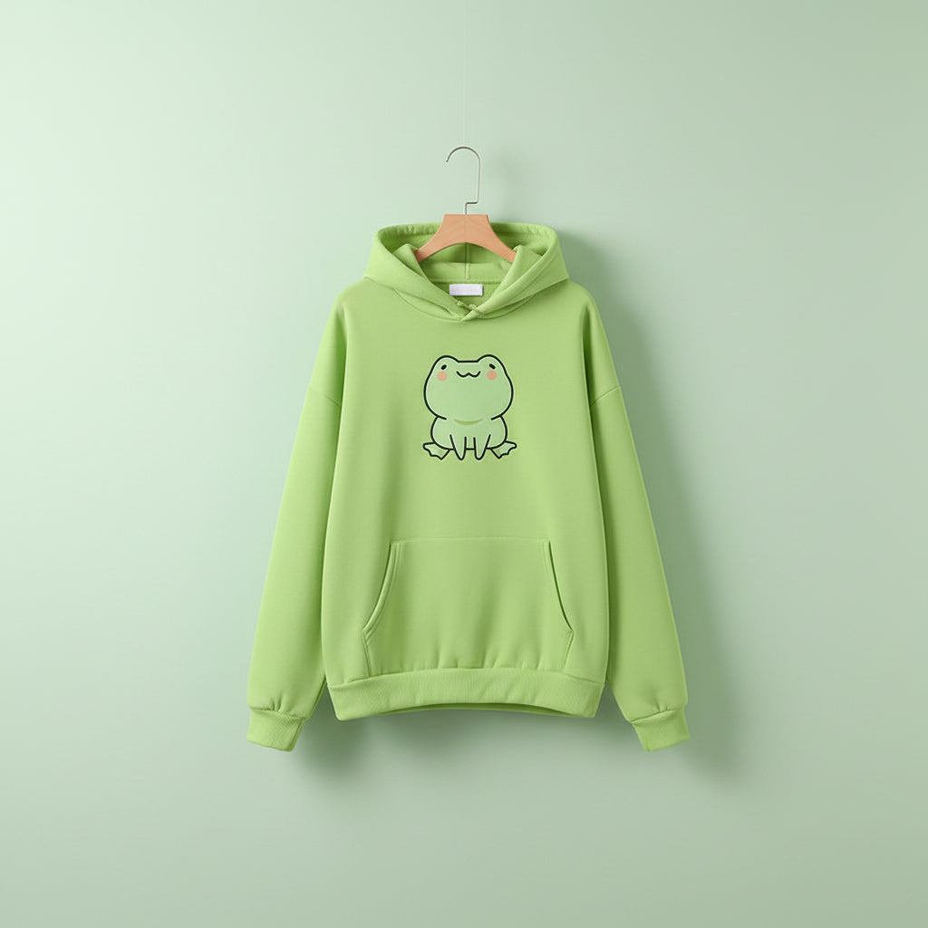 Green kawaii Japanese frog hoodie with Pockets featuring a cute frog graphic on front
