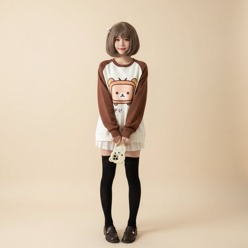 Japanese kawaii pullover top with brown sleeves and cute bear toast graphic worn with black stockings