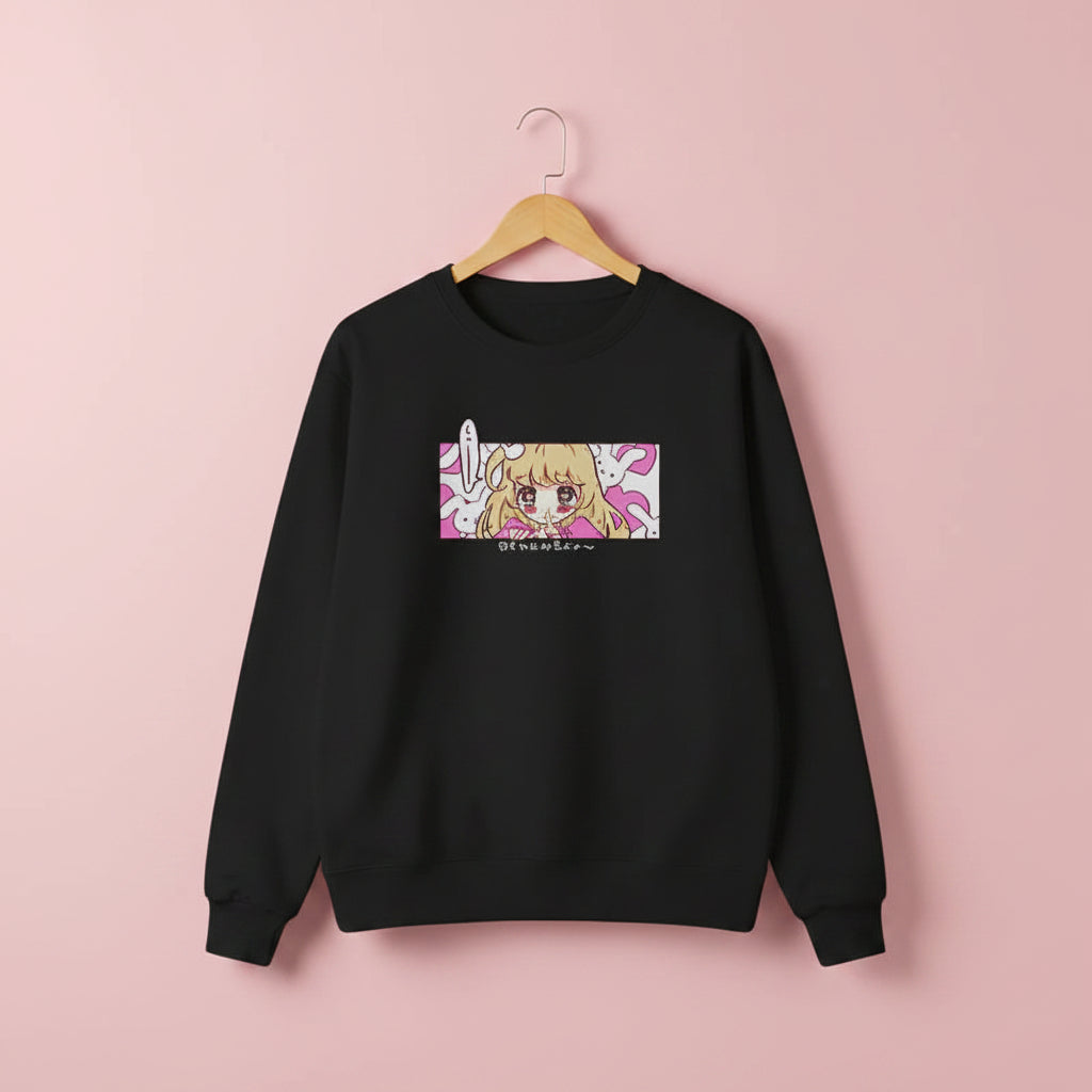 Black kawaii japanese pink cartoon sweatshirt with blonde anime girl and white bunnies design