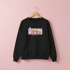 Black kawaii japanese pink cartoon sweatshirt with blonde anime girl and white bunnies design