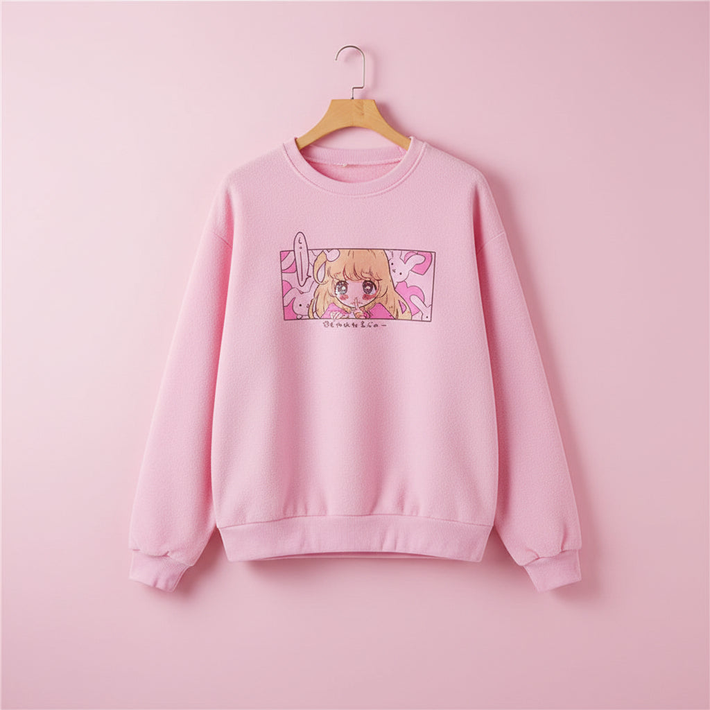 Kawaii japanese pink cartoon sweatshirt featuring an anime girl design from Vusy Kawai Shop