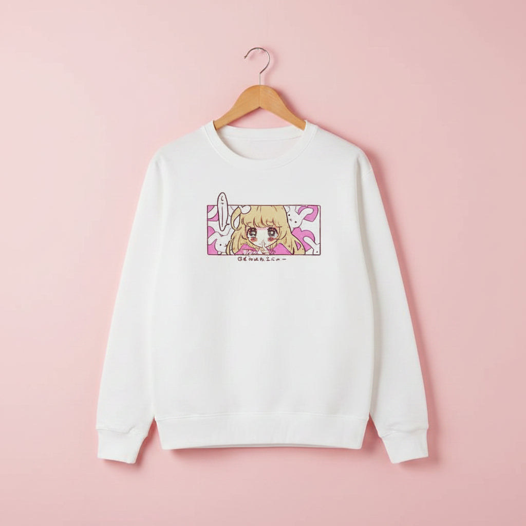 White kawaii japanese pink cartoon sweatshirt with anime girl and bunny design by Vusy Kawai Shop