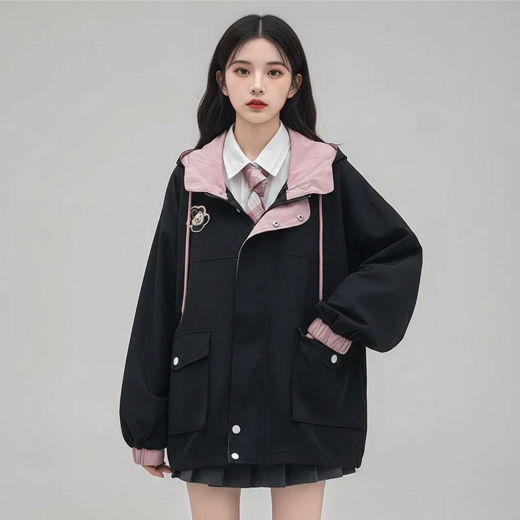 Kawaii Japanese style spring outerwear black jacket with pink collar and hood by Vusy Kawai Shop