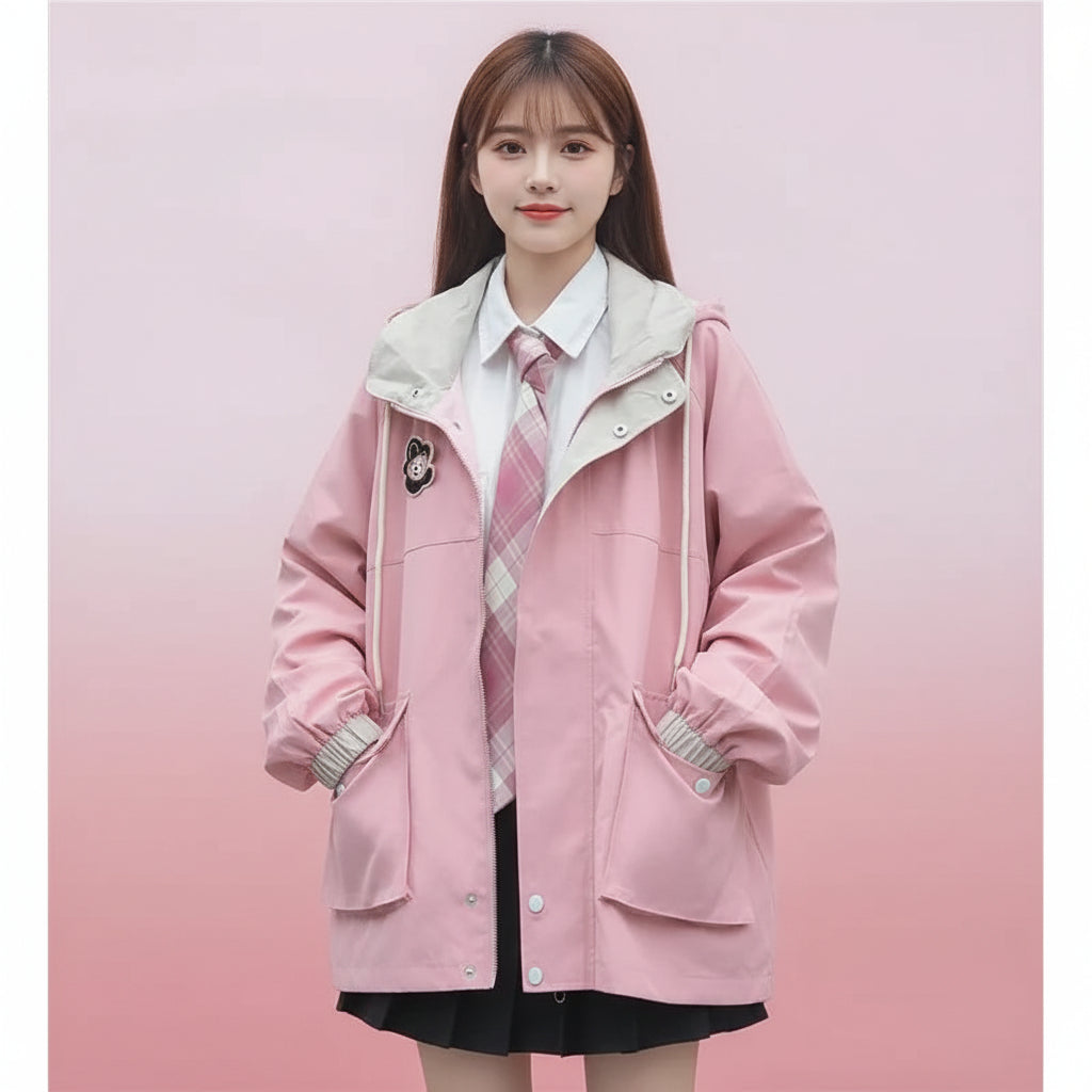 Pink kawaii japanese style spring outerwear jacket with hood and patch detail from Vusy Kawai Shop