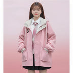 Pink kawaii japanese style spring outerwear jacket with hood and patch detail from Vusy Kawai Shop