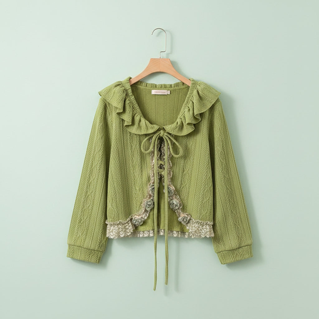 Green kawaii lolita cardigan for women with ruffled collar and floral lace details from Vusy Kawai Shop