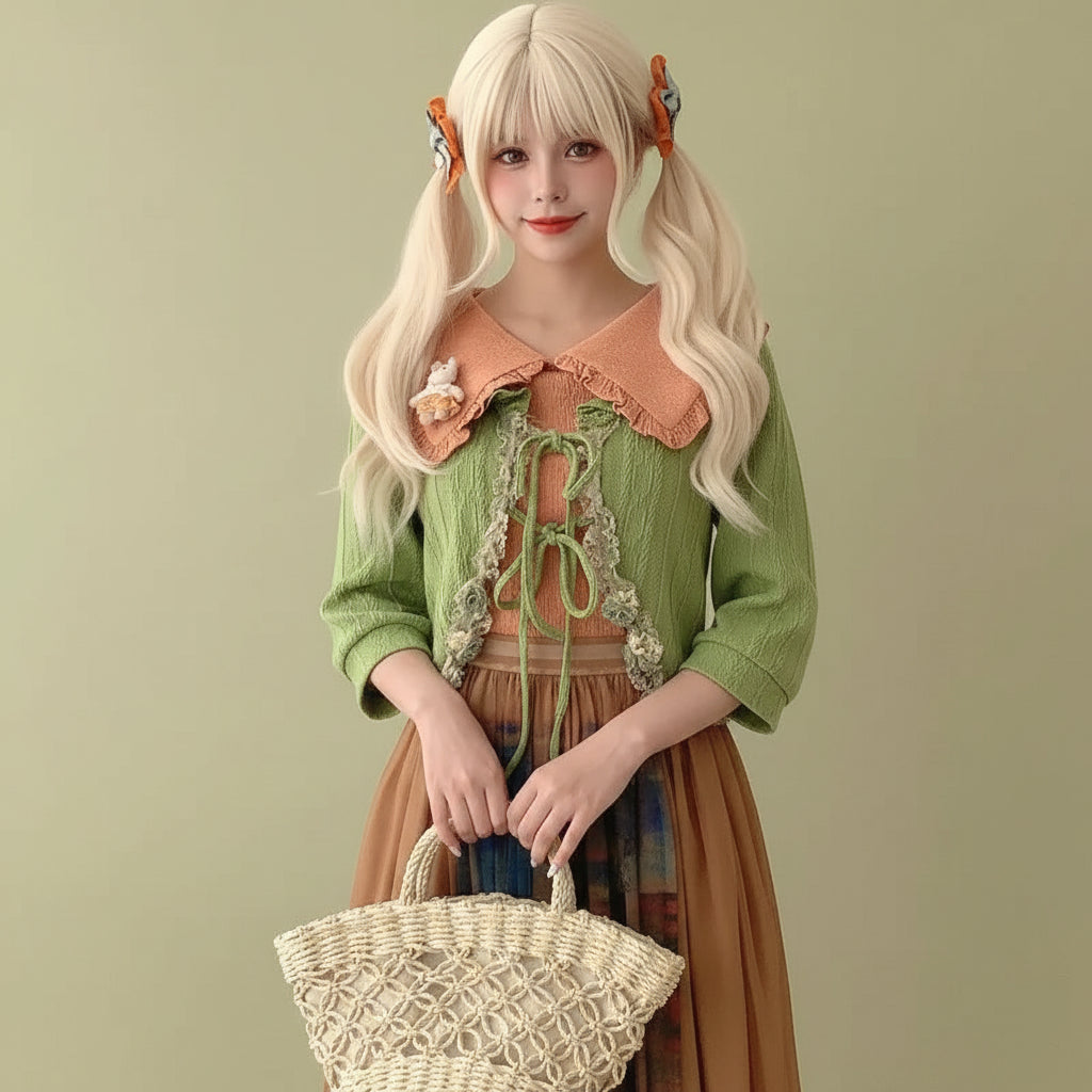 Woman wearing a green kawaii lolita cardigan for women with a large collar and bow details holding a woven basket bag