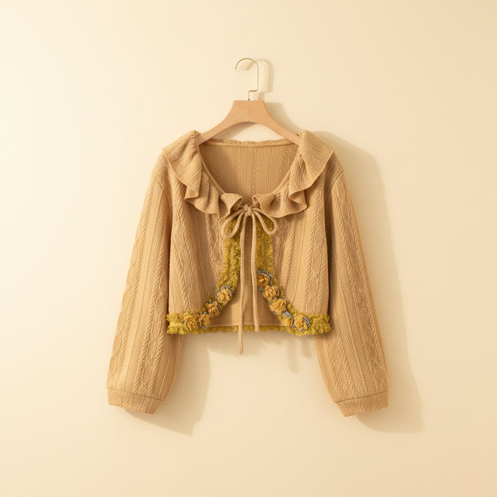 Kawaii lolita cardigan for women in beige knit with ruffle collar and floral embroidery from Vusy Kawai Shop