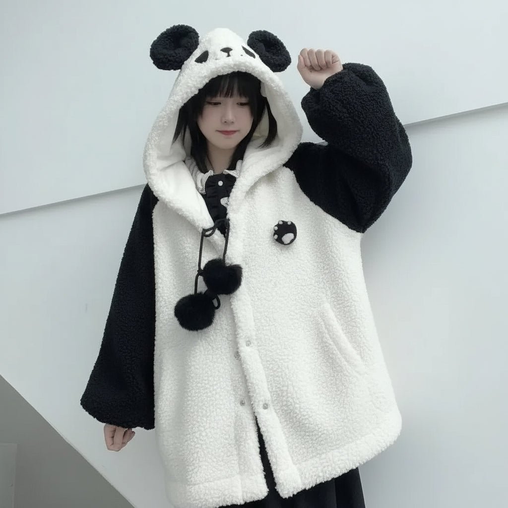 Kawaii panda hooded cute jacket with black and white fluffy fabric and panda face hood