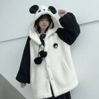 Kawaii panda hooded cute jacket with black and white fluffy fabric and panda face hood