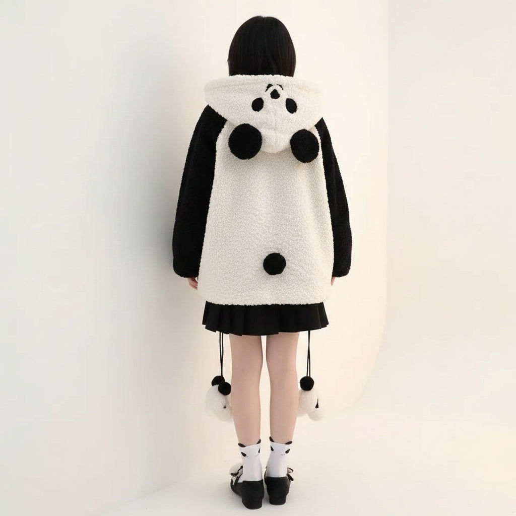 Back view of kawaii panda hooded cute jacket with black sleeves worn by a child standing indoors