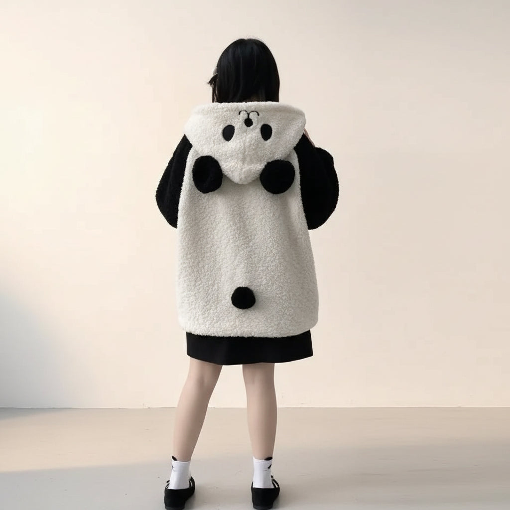 Back view of kawaii panda hooded cute jacket in white fluffy fabric worn by person indoors