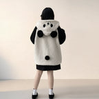 Back view of kawaii panda hooded cute jacket in white fluffy fabric worn by person indoors