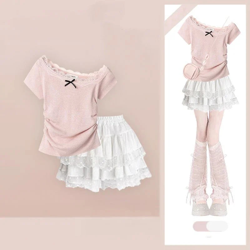 Vusy Kawai Shop kawaii pink bowknot top and skirt set with lace trim and layered white skirt