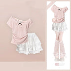 Vusy Kawai Shop kawaii pink bowknot top and skirt set with lace trim and layered white skirt