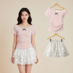 Kawaii pink bowknot top and white layered skirt set hero