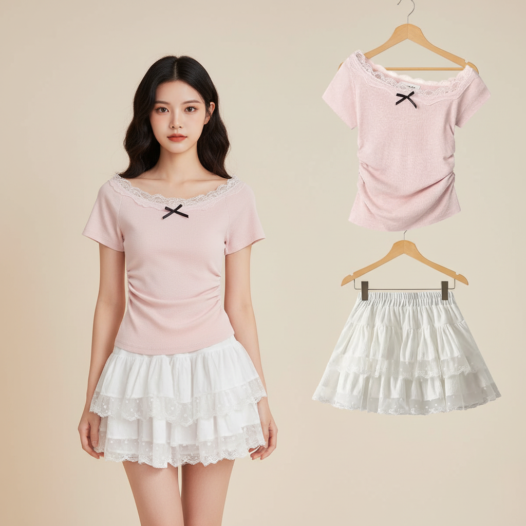 Kawaii pink bowknot top and white layered skirt set hero