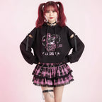 Black kawaii preppy patchwork crop hoodie with cute bunny graphic worn with pink plaid skirt