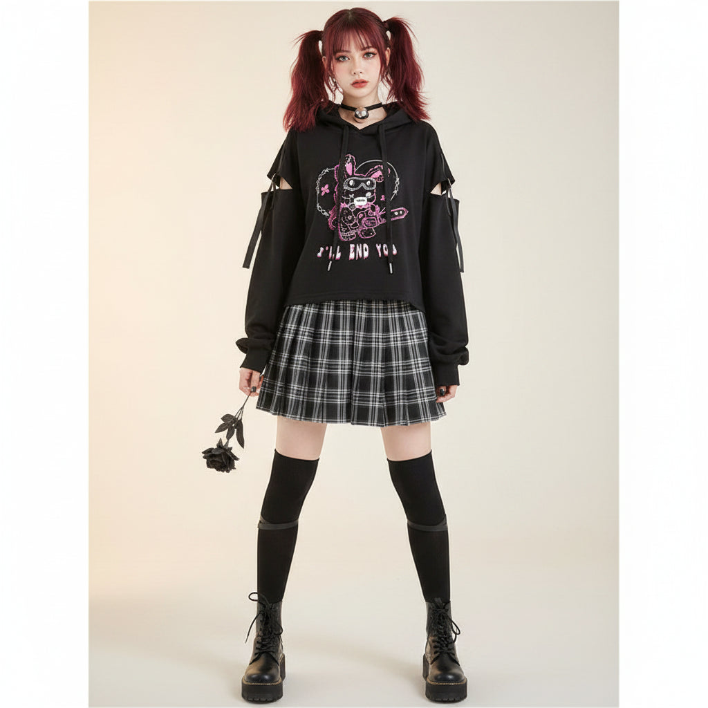 Kawaii preppy patchwork crop hoodie in black with cute graphic and cut-out sleeves worn with plaid skirt