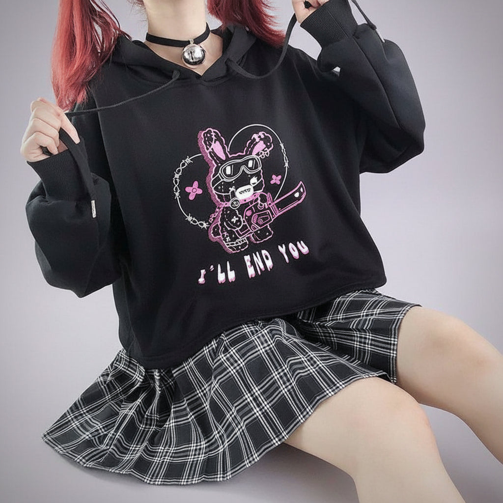 Black kawaii preppy patchwork crop hoodie with bunny graphic and text paired with black plaid skirt