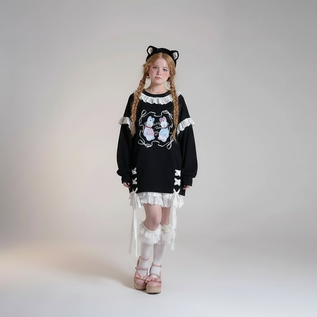 Kawaii print casual O-neck sweatshirt with cute bunny design worn by a girl in pastel outfit