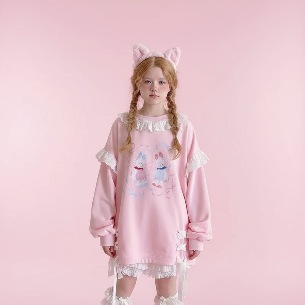 Pink kawaii print casual O-neck sweatshirt with white lace details worn by girl with cat ear headband