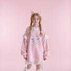 Pink kawaii print casual O-neck sweatshirt with white lace details worn by girl with cat ear headband